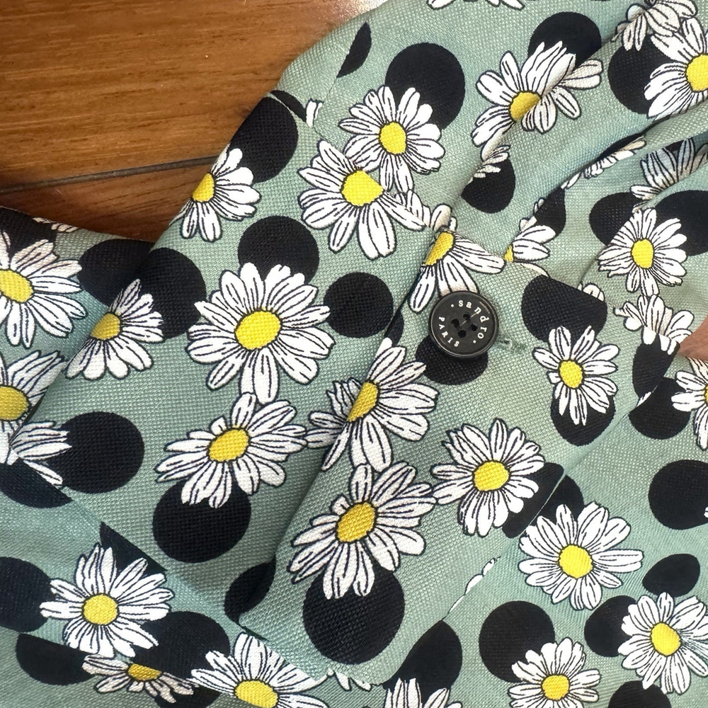 NWT Sandro Ruched Printed Linen-Blend Dress Size:40(US 8) Floral Polka Dot Green - Picture 9 of 11